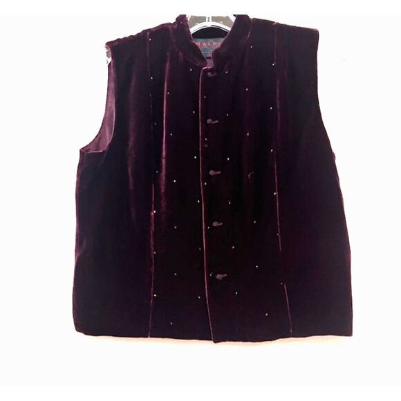 RALPH Lauren Tartan Label Beaded Silk Vest Burgundy Small Conan Gray - Picture 1 of 9